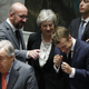 (L-R) Belgian Prime Minister Charles Michel, British Prime Minister Theresa May and French President Emmanuel Macron before the start of the United Nations Security Council meeting on the sidelines of the General Debate of the General Assembly of the United Nations at United Nations Headquarters in New York, New York, USA, 26 September 2018. The General Debate of the 73rd session began on 25 September 2018. UN Secretary General Antonio Guterres appears at bottom left. UN General Assembly, New York, USA - 26 Sep 2018